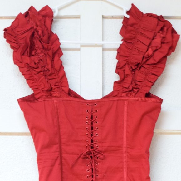 BEBE Red Silk Trim Ruffle Fiesta Lace Up Rear Cropped Corset Bustier | Size XS - Picture 5 of 7